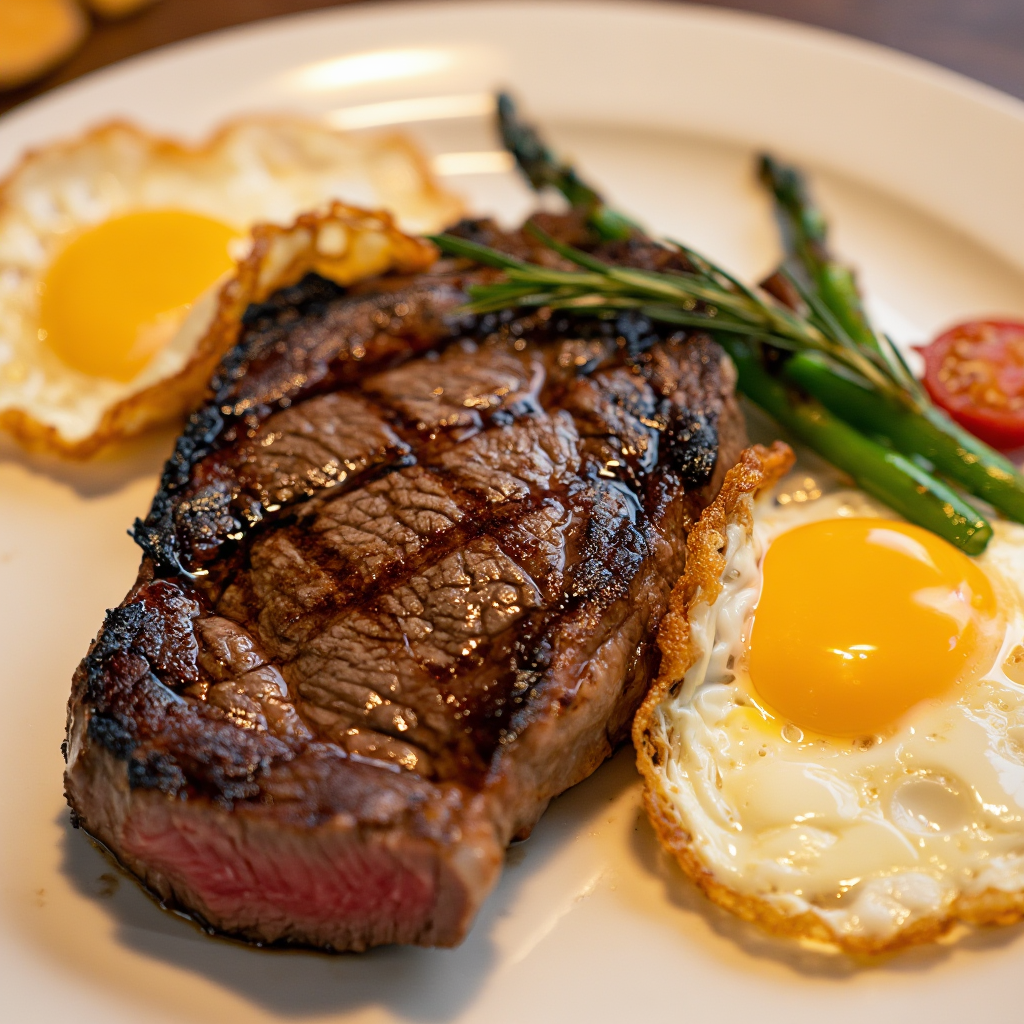 Breakfast T-Bone Steak with Fried Eggs