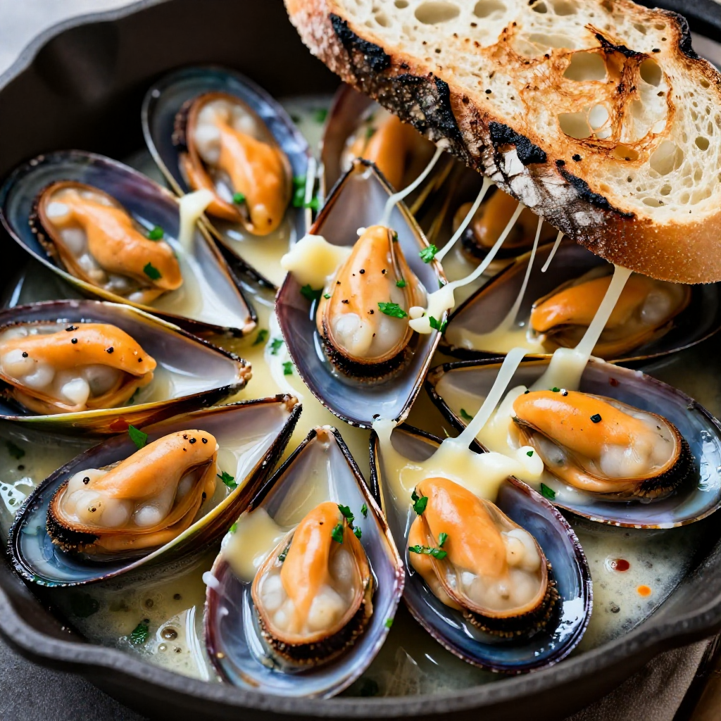 Cheesy Garlic Butter Mussels