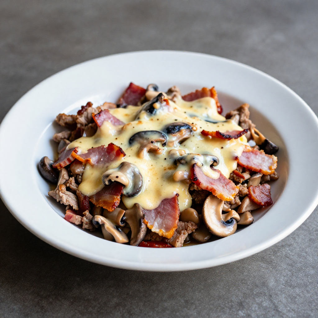 Cheesy Ham Steak with Bacon and Mushroom