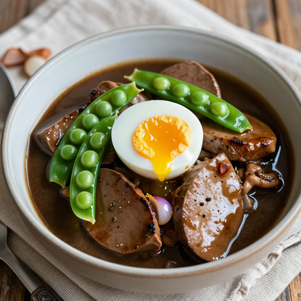 Chicken Liver and Gizzard Stew with Quail Eggs and Snap Peas
