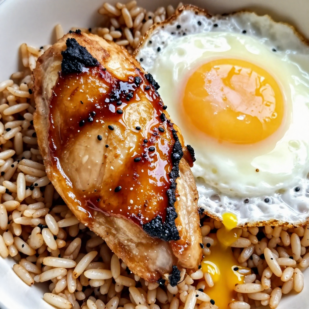 Chicken Teriyaki, Brown Rice, and Sunny Side Up Egg
