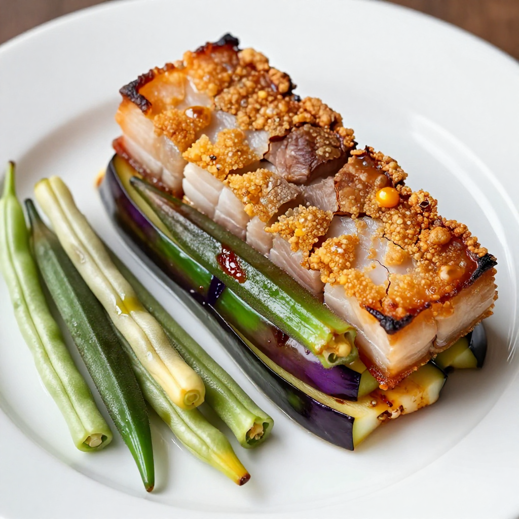 Crispy Air Fried Liempo Pinakbet with Ube