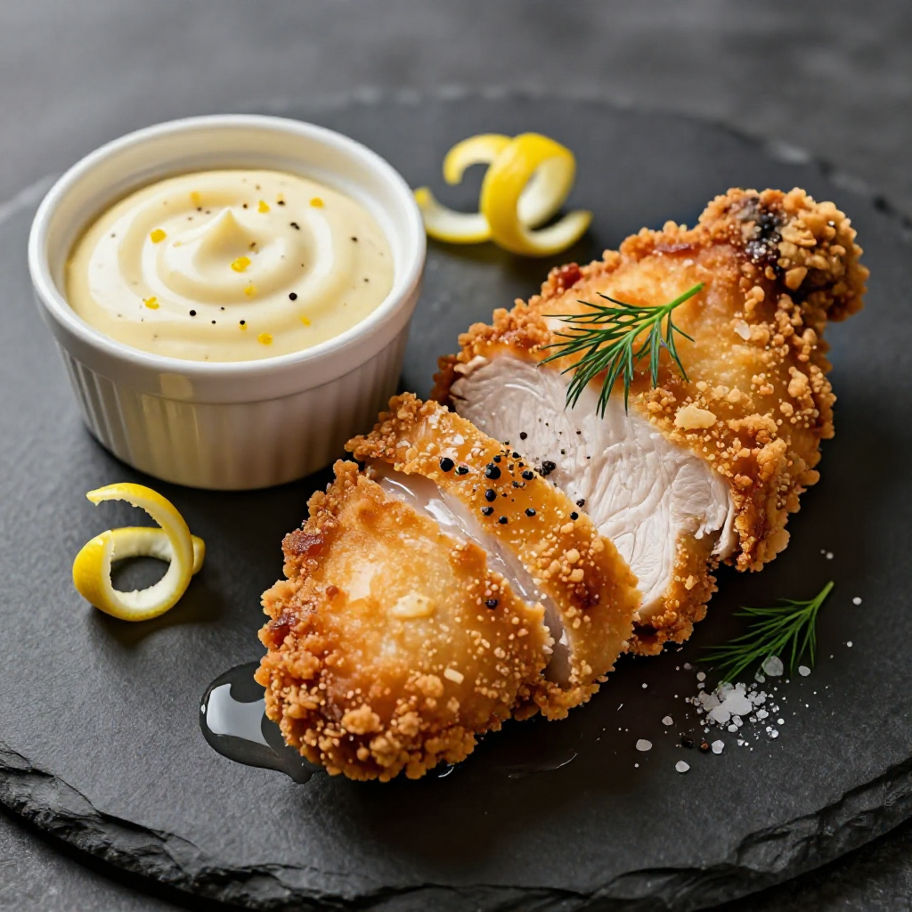 Fried Chicken Breast with Creamy Lemon Sauce Dip