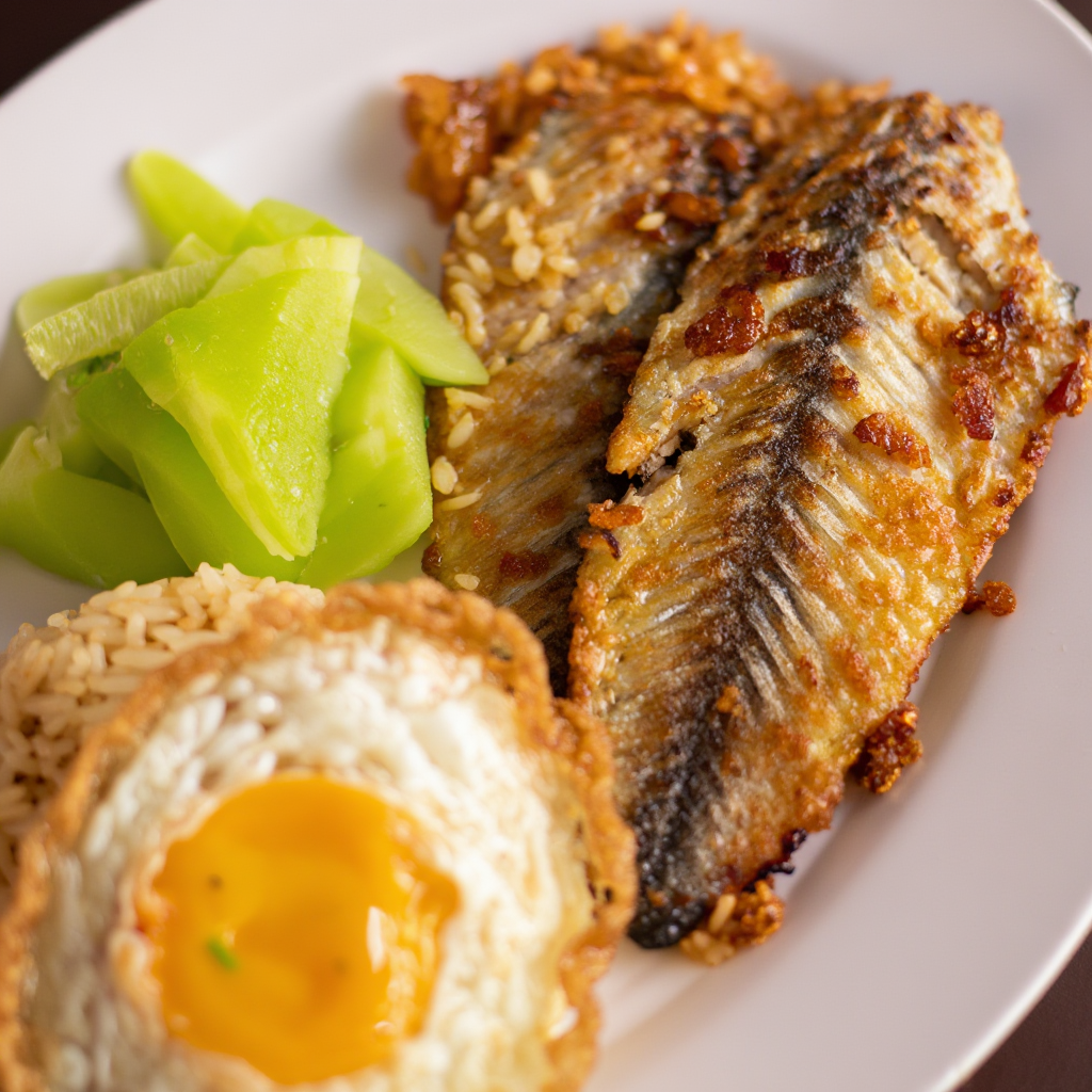 Fried Daing na Bangus with Garlic Fried Rice, Fried Egg, and Pickled Papaya (Daing Silog)