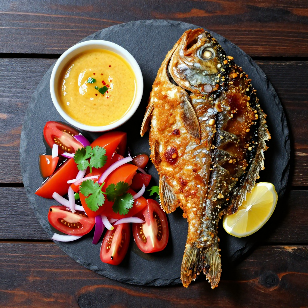 Fried Galunggong with Salted Egg and Tomato Salad