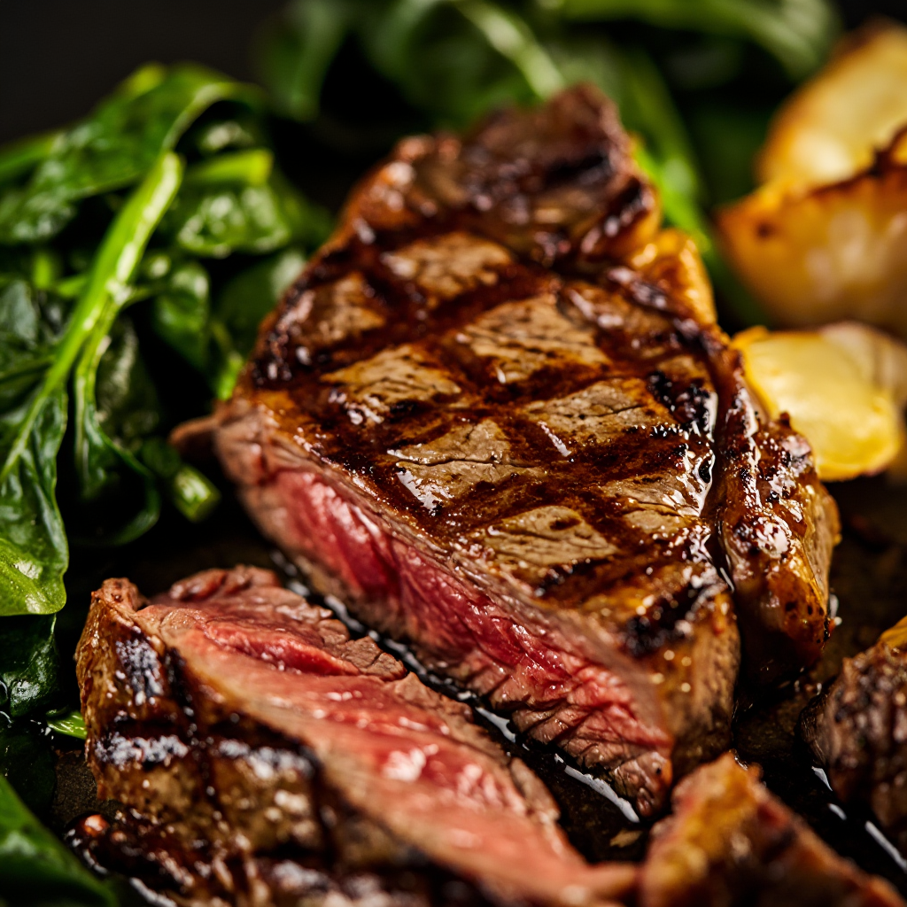 New York Strip Steak with Sauteed Spinach