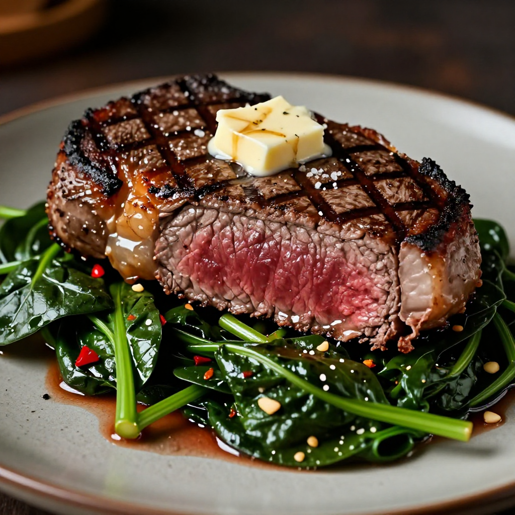 New York Strip Steak with Sauteed Spinach