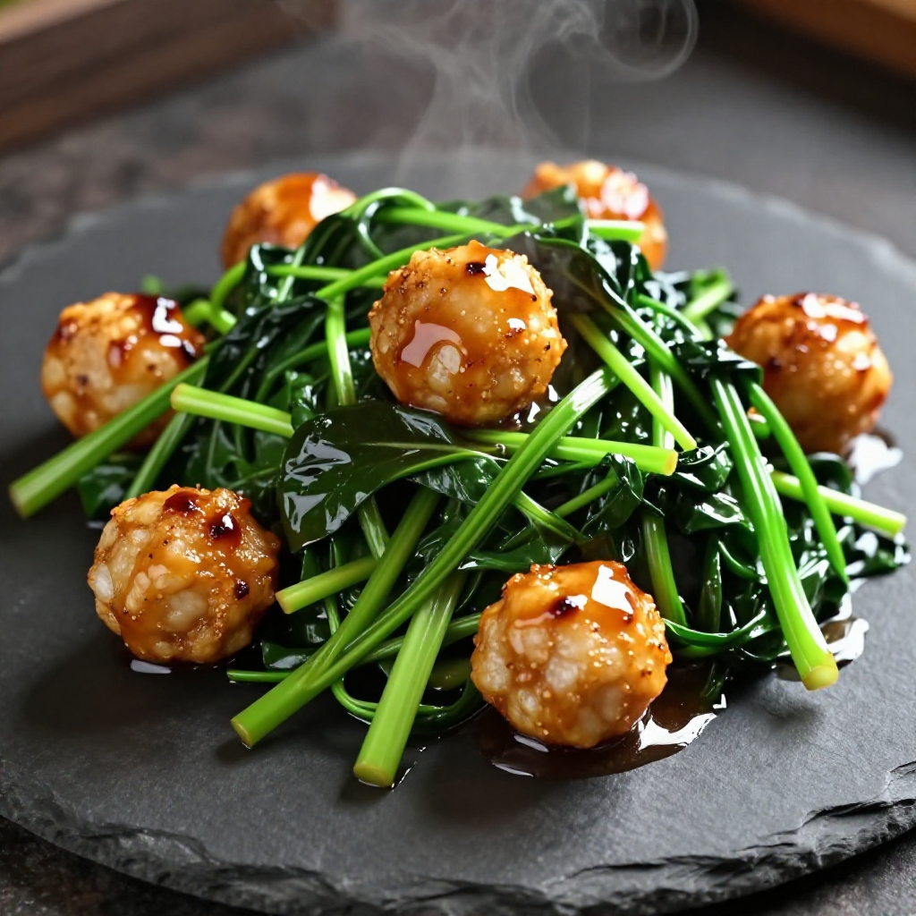 Kangkong with Squid Balls in Oyster Sauce