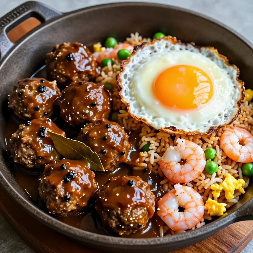 Meatball Adobo with Shrimp Fried Rice and Egg