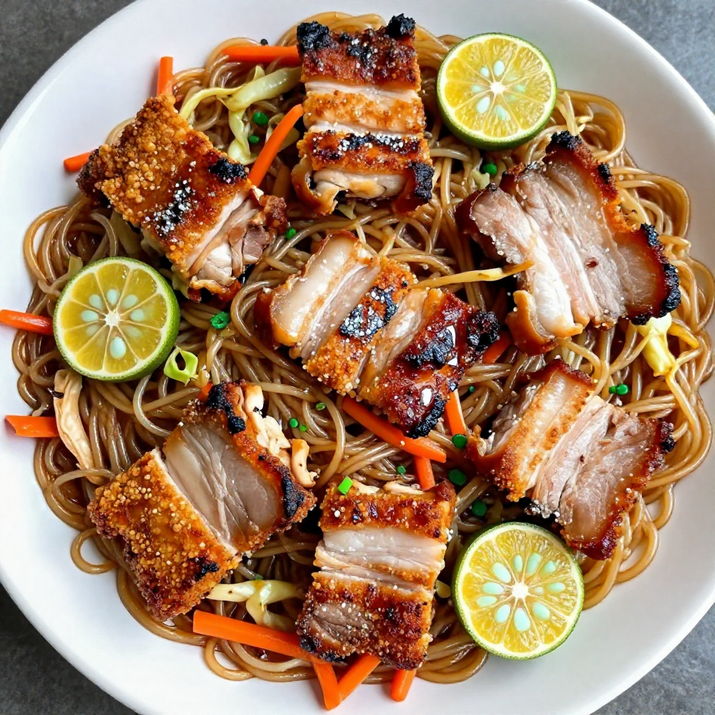 Pancit Bihon with Lechon Kawali