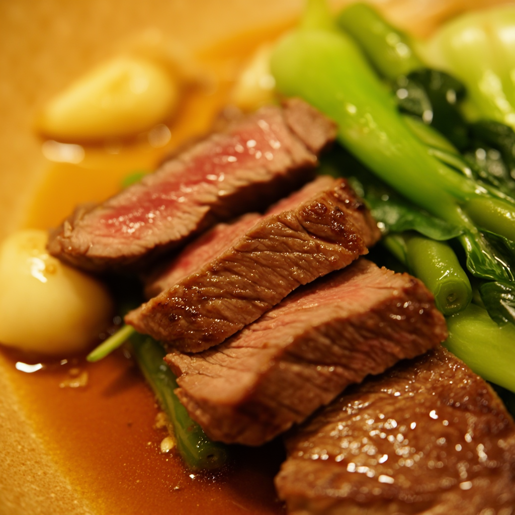 Sauteed Flank Steak with Bok Choy and String Beans