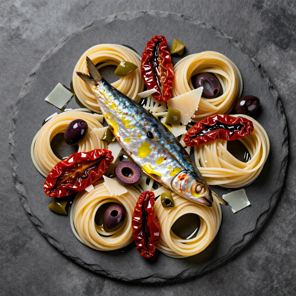 Spanish Sardines Pasta with Sun Dried Tomato and Chopped Olives