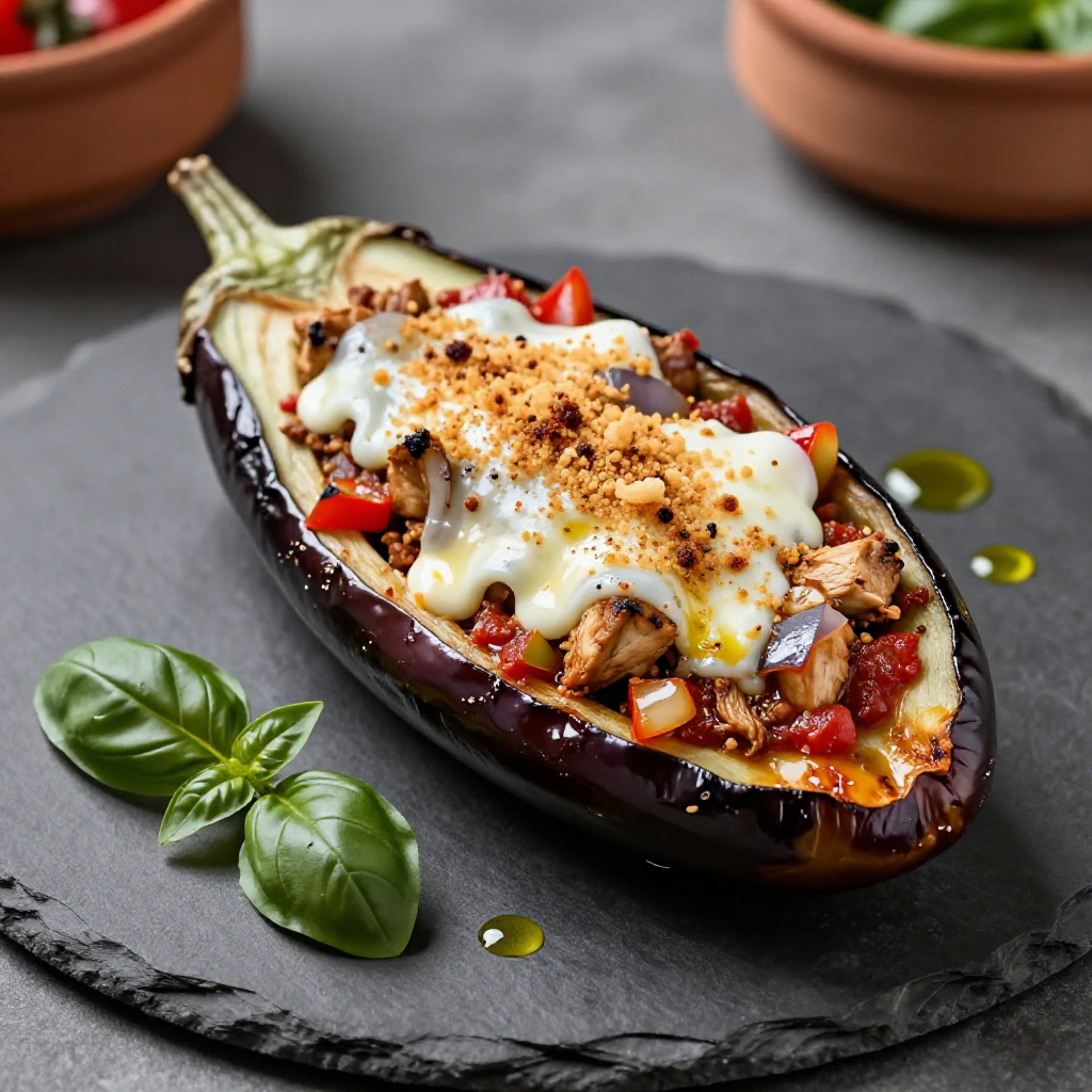 Stuffed Eggplant with Ground Chicken